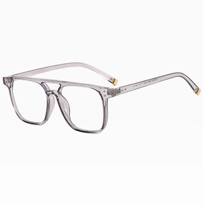 Close-up of transparent gray square frame sunglasses with metal hinges and size markings