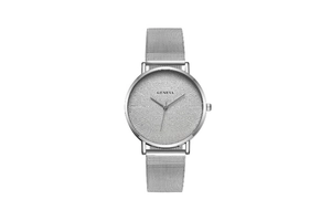 Detail of silver Geneva watch with mesh strap and textured frosted blue hand dial