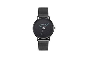 Close-up of Geneva minimalist black quartz watch dial with silver needles and mesh band