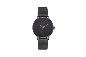 Detailed close-up of Geneva men's black quartz watch with stainless steel mesh strap