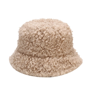 Warm teddy fleece bucket hat for winter in beige, soft lamb wool textured fisherman cap