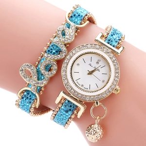 Light blue sequin wrap watch with rhinestone LOVE charms and gold ball pendant