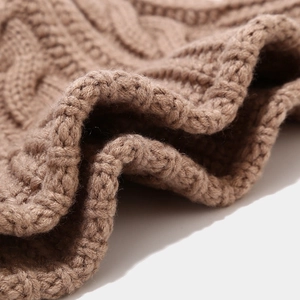 Thick cable knit camel bucket hat for women with warm handmade crochet texture