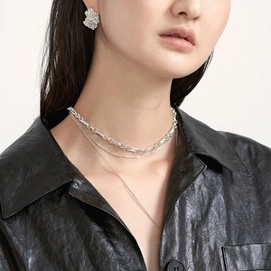 925 sterling silver bold chain choker necklace with irregular textured stud earrings