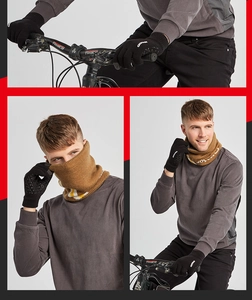 Close-up of winter cycling kit showing anti-slip knit gloves and jacquard thermal neck warmer