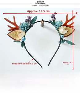 Detail showing reindeer antlers headband with floral berry accents and adjustable metal frame