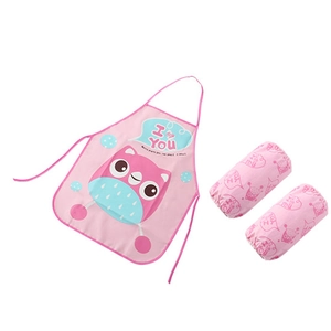 Waterproof pink cartoon owl baby apron set with matching oversleeves for painting