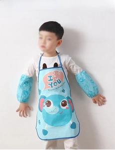 Waterproof blue apron and sleeves set with cartoon elephant for kids painting and eating