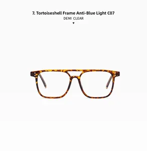Detail view of Demi Brown square frames with double bridge and anti-blue light lenses