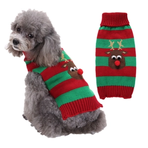 Close-up of pet Christmas sweater with red-green stripes and reindeer detail