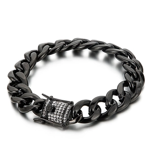 Hip hop black stainless steel Cuban link bracelet with sparkling rhinestone encrusted buckle