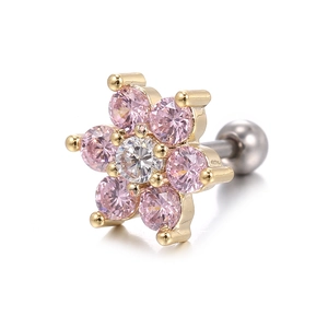 Close-up of pink zircon flower stud earring with secure stainless steel screw-back ball