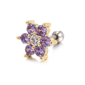 Detail of flower stud earring featuring purple zircon petals and a 18K gold plated base