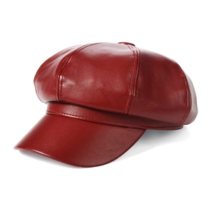 Classic red faux leather octagonal newsboy cap for women with high gloss texture