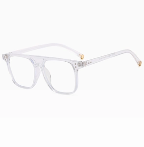Detailed side view of clear rectangular frames with double bridge and gold metal tips