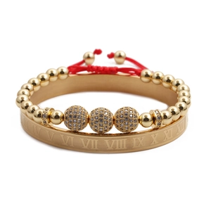 Fashion Roman Numeral Bangle And Beaded Bracelet Stainless Steel Copper Micro Pave Zircon Adjustable For Women Men