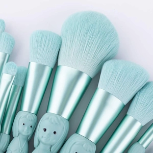 Blue mermaid makeup brush set featuring soft bristles and 3D cartoon relief handles