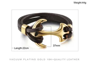 Detail view of anchor leather bracelet with dimensions of 22cm length and 37mm height