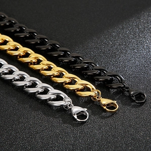 Polished stainless steel Cuban chain bracelets in gold, silver, and black metal finishes