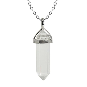 Detail of silver chain with hexagonal clear crystal pillar pendant on white background