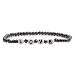Modern bracelet with 4mm black metallic copper beads and white LOVE alphabet charms
