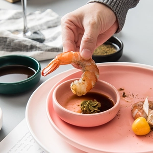 Japanese style ceramic sauce dipping dishes set with pink bowl and green small plates
