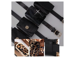 Detailed views of leopard and snake print mini belt bags with metallic buckle hardware