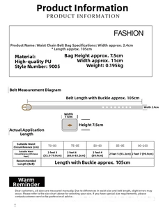 Size chart showing leopard print belt bag dimensions 105x2.4cm and weight details