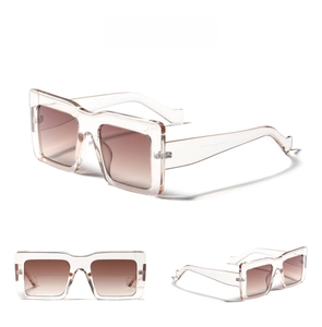Detailed views of the square transparent tea frame sunglasses with dark gradient lenses