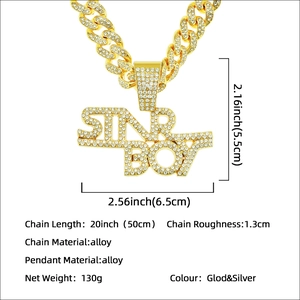 Hip hop iced out SINR BOY letter pendant necklace with rhinestone Cuban chain details