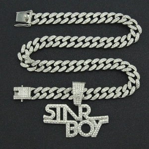 Hip hop silver Cuban link chain with SINR BOY iced-out rhinestone letter pendant
