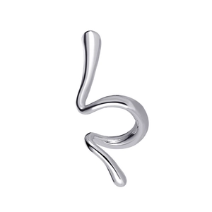 Punk style silver snake-like spiral ear cuff with minimalist liquid metal aesthetic