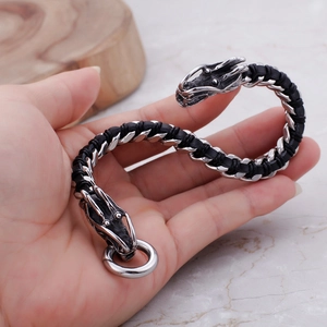 Vintage dragon head stainless steel braided leather bracelet for men worn on wrist