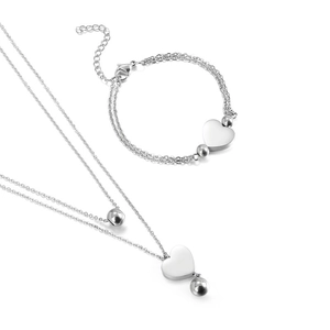 Parure collier double rang et bracelet avec pendentifs coeur en acier inoxydable argent