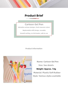 Detailed view of cute cartoon gel pens with silicone strawberry and rainbow toppers