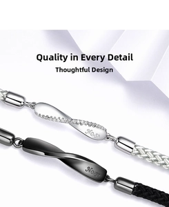 Detail of Mobius sterling silver couple bracelets with No.52 engraving and woven rope