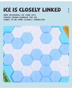 Detailed close-up of 25mm hexagonal blue and white ice blocks for penguin board game