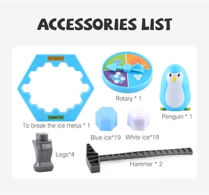 Detailed accessories list including blue base, penguin, ice blocks, and hammers for play