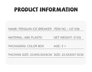 Detailed specifications of Penguin Ice Breaker game including ABS material and dimensions
