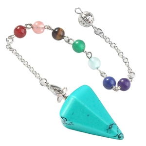 Turquoise color gemstone pendulum necklace with seven chakra beads on silver chain