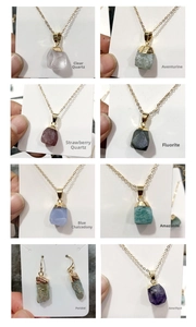 Collection of faceted natural raw stone pendants and earrings in various crystals