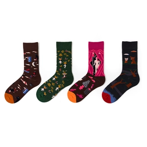 Artistic novelty crew socks featuring classic oil painting patterns and cat motifs