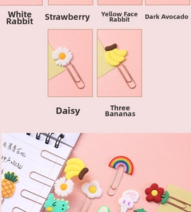 Close-up of cute cartoon metal paperclips featuring daisy, banana and rainbow designs
