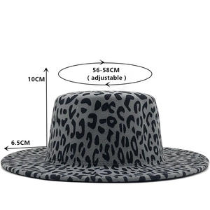 Grey leopard print flat top wool fedora hat with adjustable 56-58cm head circumference