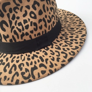 Sombrero Fedora elegante de lana con estampado de leopardo y cinta negra decorativa
