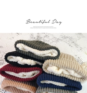 Detail of multi-color knitted beanies with thick white faux fur lining for winter warmth