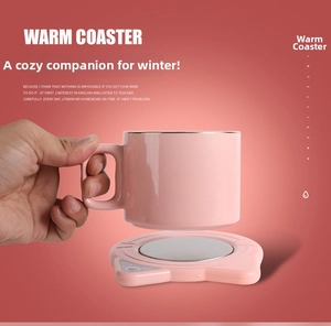 Pink smart constant temperature coaster and cat-ear ceramic mug with touch control