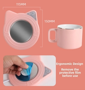 Pink cat-shaped smart cup warmer with touch control and three-speed timing settings