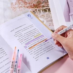 Student using a purple dual-tip highlighter on a book with a set of 4 colorful markers