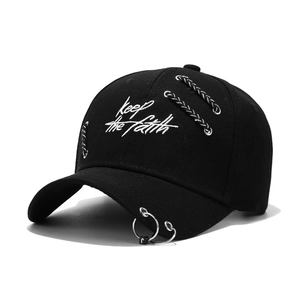 Black cotton baseball cap with Keep the faith embroidery and silver metal rings